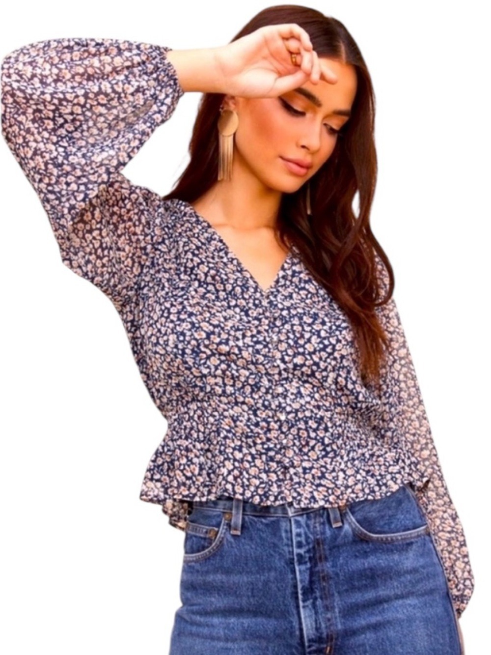 Astr The Label Navy Floral V-Neck Blouse‎ Smocked Waist Peplum Size XL